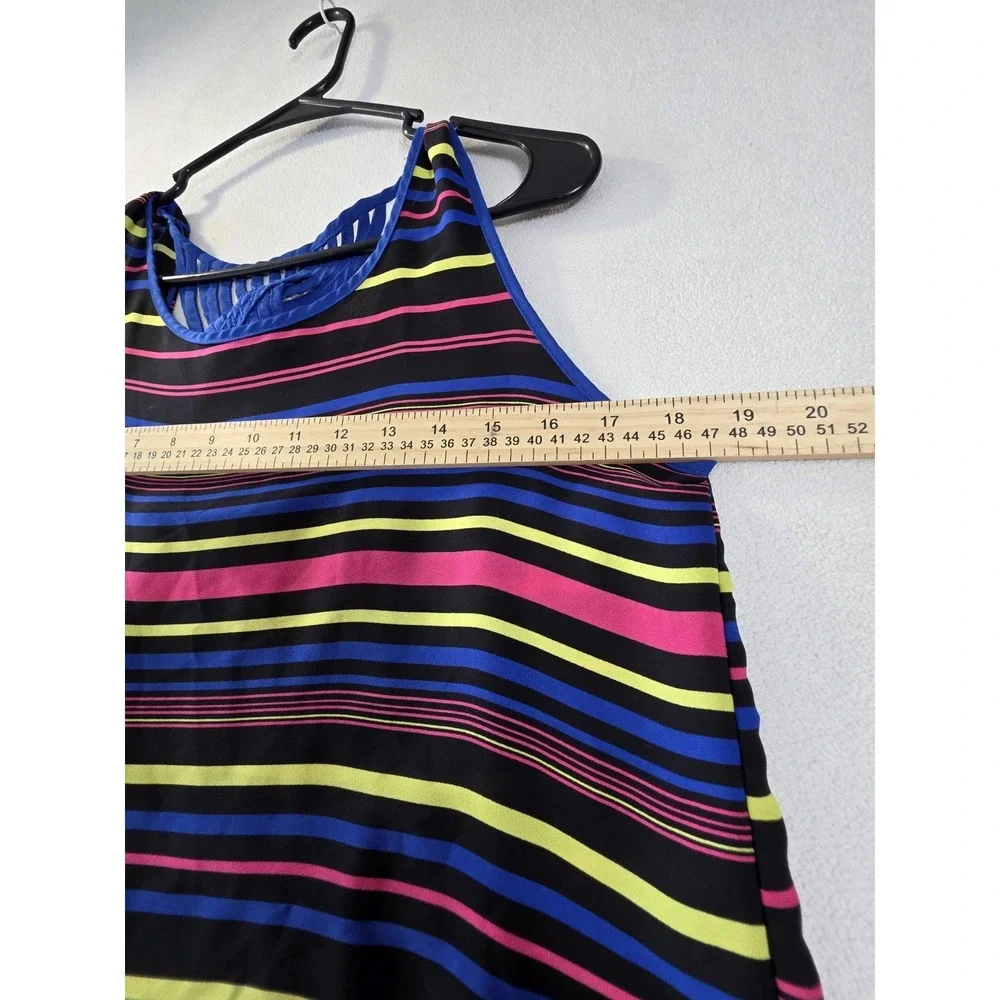 Women's L Striped Sleeveless Tank Top Blue Pink Yellow Braided Back Boho Casual